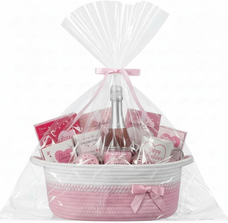 Colingmill Valentine Woven Gift Basket Empty with Ribbons Bow Tie and Bag, Valentine's Day Empty Decorative Chest Box, Woven Rope Storage with Handles Home Decor(14 x 10 x 5.5 Inch,Pink White) - Image 1